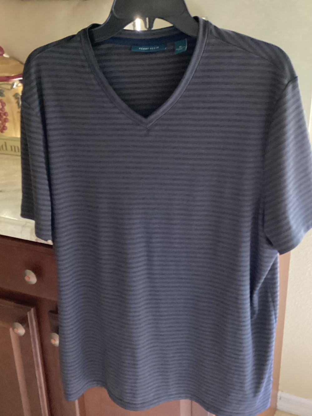 Perry Ellis Black and Dark Gray Thin-Strip V-Neck Tee